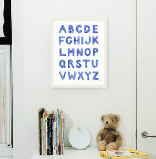 Blue Balloon Alphabet from The Letter Nest, White Frame installed in nursery
