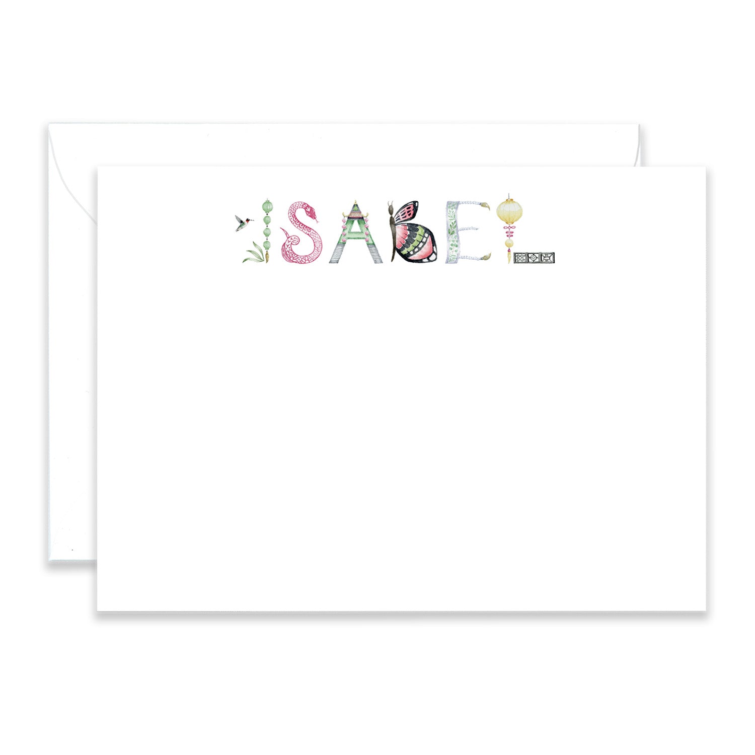Personalized Chinoiserie Stationery shown in the name "Isabel" with matching envelope