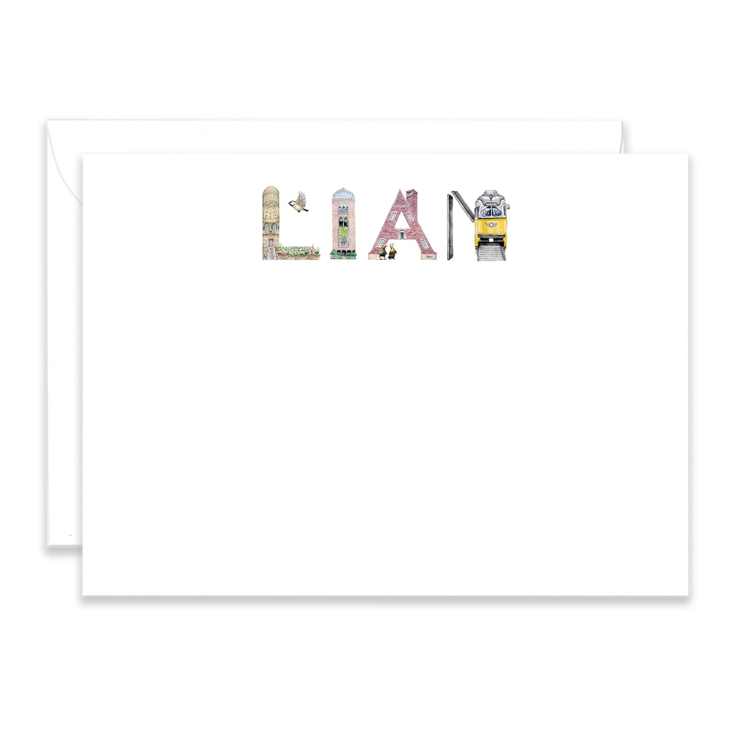 Personalized Boston Stationery shown in the name "Liam" with matching envelope