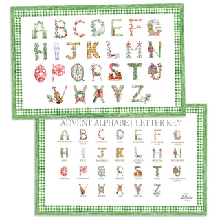 Flatlay rendering of The Letter Nest's Advent Alphabet Placemat with green gingham border, with letters on one side, and an illustrated letter key on the other