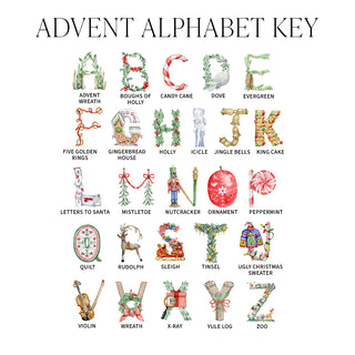 Graphic with a labeled version of the Advent Alphabet by The Letter Nest identifying each letter