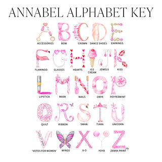 Alphabet Key identifying the illustrated letters of the Annabel Alphabet by The Letter Nest
