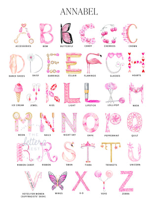 Key for the watercolor letters of The Letter Nest's Annabel Alphabet, an all-pink-themed artwork