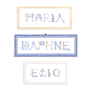 Custom Astrology Name Print by The Letter Nest shown in flatlay in various border options