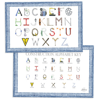 Construction Alphabet Placemat with blue gingham border and letter key on the verso of the placemat