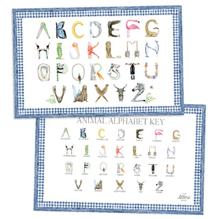 Animal Alphabet Placemat with blue gingham border and letter key on the verso of the placemat