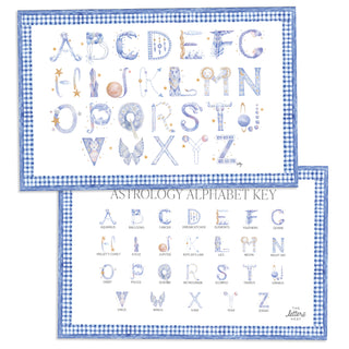 Astrology Alphabet Placemat with blue gingham border and letter key on the verso of the placemat