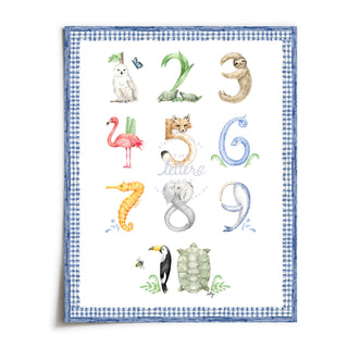 Unframed Animal Number print with blue gingham border from The Letter Nest