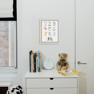 Animal Number print with blue gingham border from The Letter Nest, Natural Frame installed in nursery