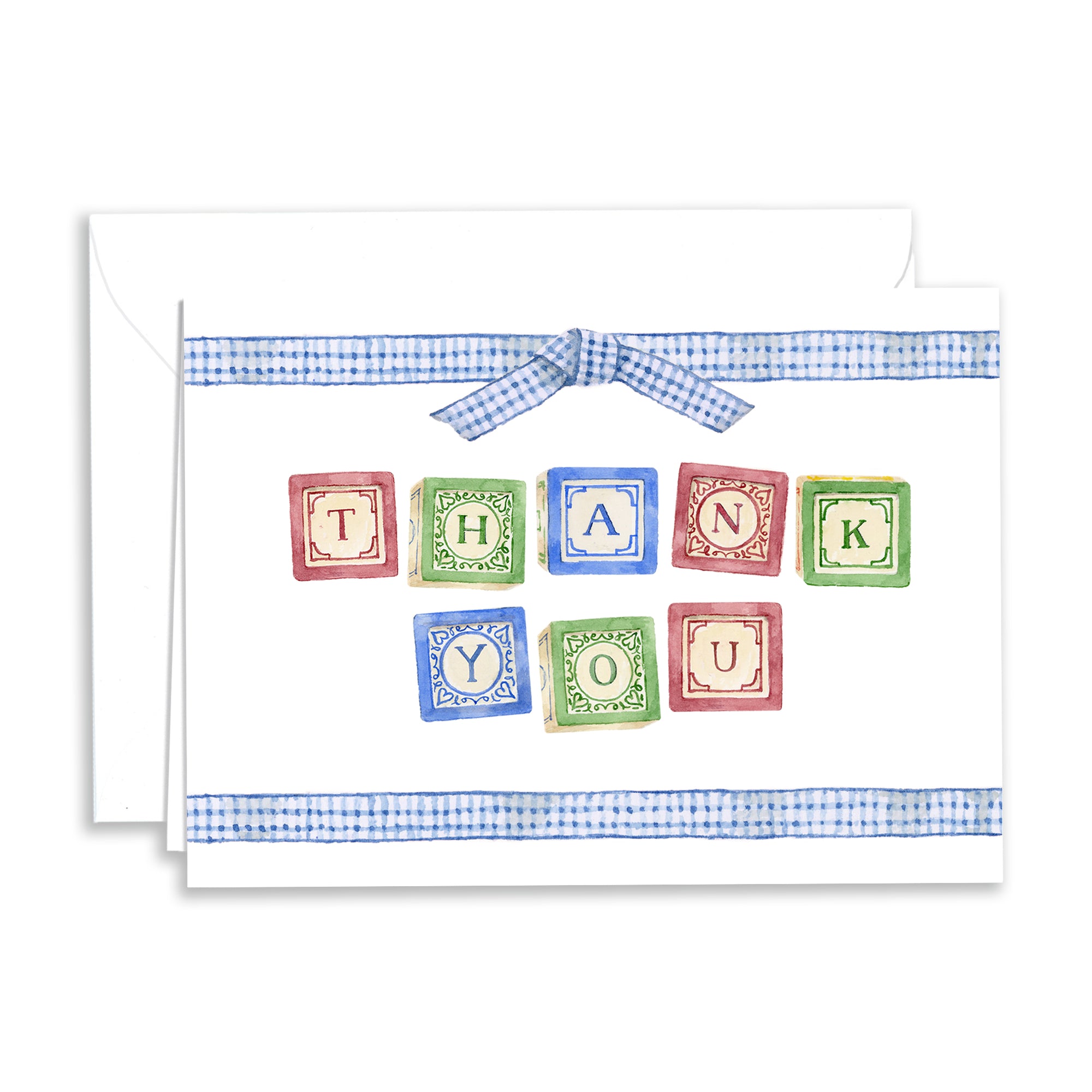 Children's Alphabet Block Thank You Foldover Note Cards with a blue gingham border and matching envelopes from The Letter Nest