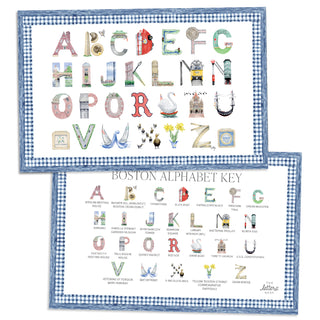 Boston Alphabet Placemat with blue gingham border and letter key on the verso of the placemat