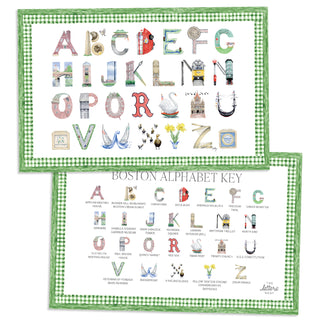 Boston Alphabet Placemat with green gingham border and letter key on the verso of the placemat