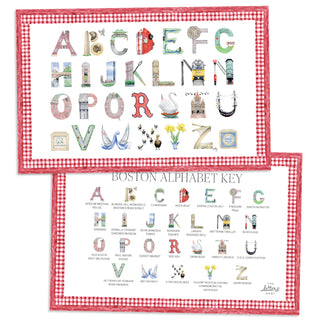 Boston Alphabet Placemat with red gingham border and letter key on the verso of the placemat