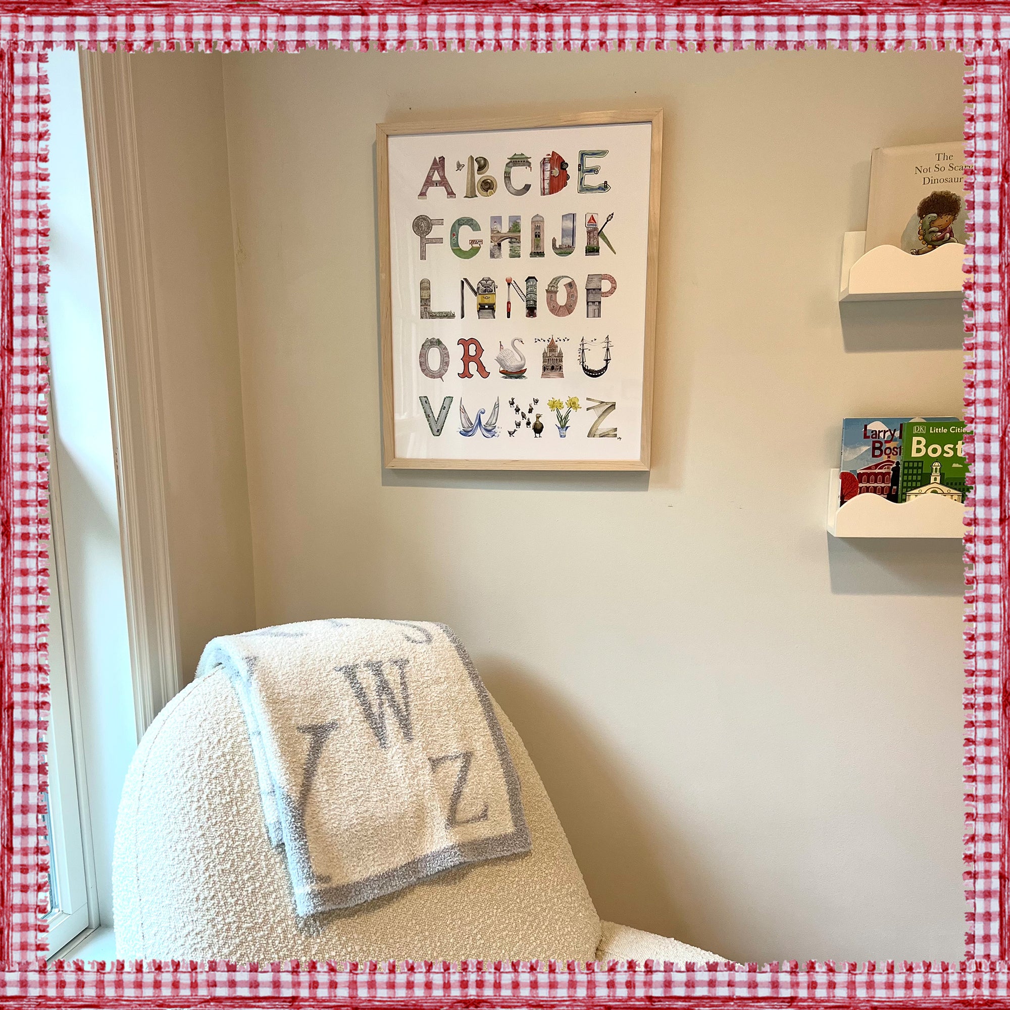 Boston Alphabet in Natural Frame by The Letter Nest installed in a Massachusetts nursery