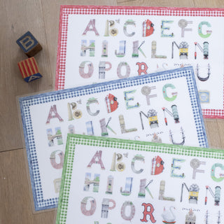 Boston Alphabet Placemats shown with red, blue, and green gingham borders