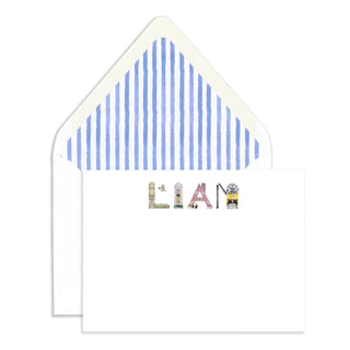 Boston Personalized Stationery in name "Liam" with a blue watercolor stripe envelope liner by The Letter Nest