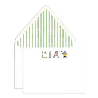 Boston Personalized Stationery in name "Liam" with a green watercolor stripe envelope liner by The Letter Nest