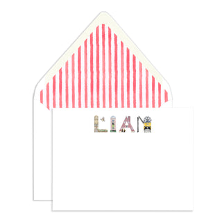 Boston Personalized Stationery in name "Liam" with a red watercolor stripe envelope liner by The Letter Nest
