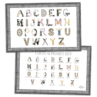 Chess Alphabet Placemat with black gingham border and letter key on the verso of the placemat