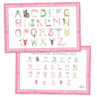 Chinoiserie Alphabet Placemat with pink gingham border and letter key on the verso of the placemat