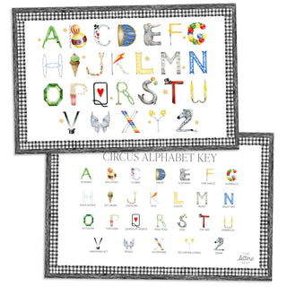 Circus Alphabet Placemat with black gingham border and letter key on the verso of the placemat