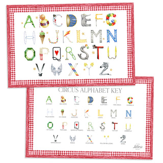 Circus Alphabet Placemat with red gingham border and letter key on the verso of the placemat