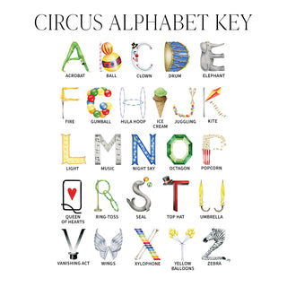 Graphic of The Letter Nest's Circus Alphabet with IDs for the individual letters 