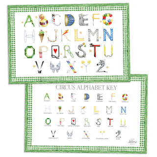 Circus Alphabet Placemat with green gingham border and letter key on the verso of the placemat