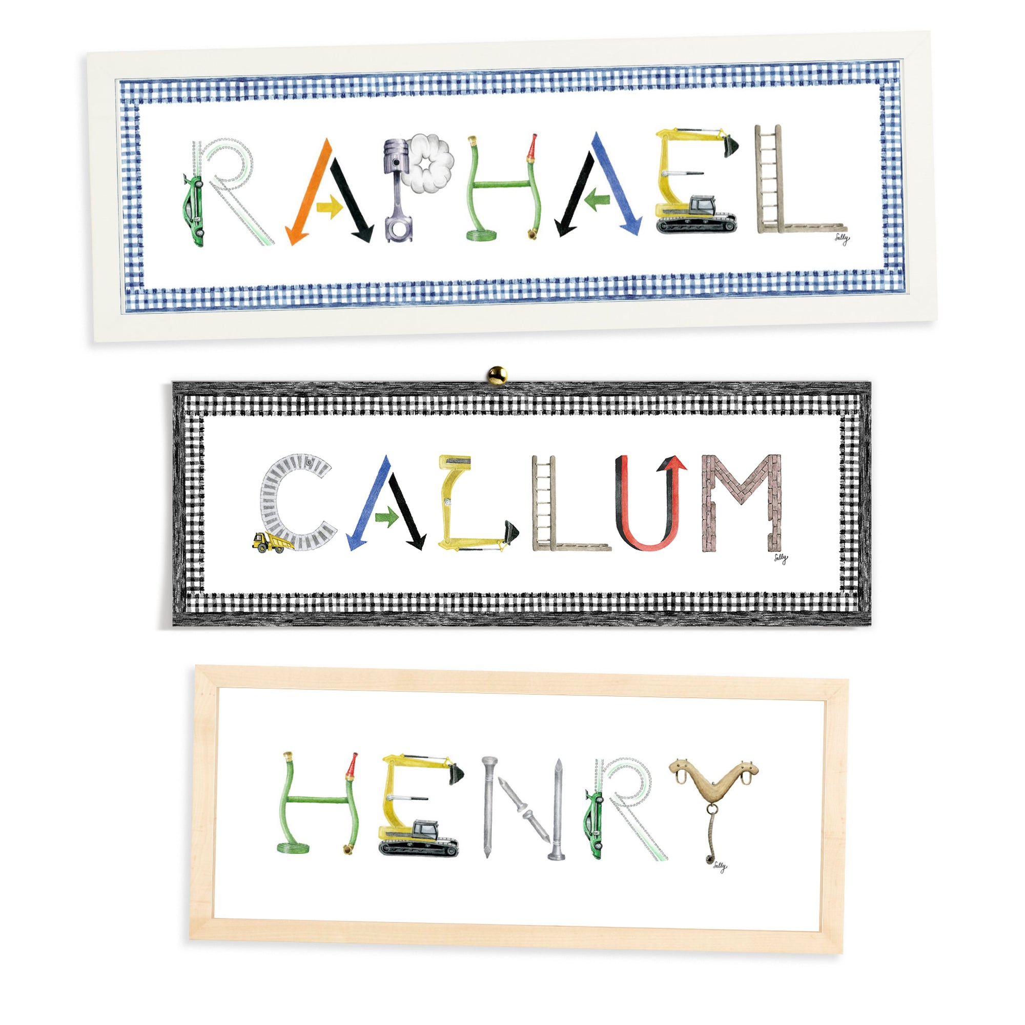 Custom Construction Name Print by The Letter Nest shown in flatlay with various border options