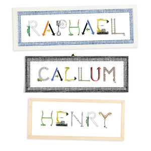 Custom Construction Name Print by The Letter Nest shown in flatlay with various border options