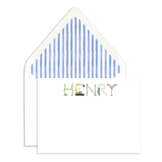 Personalized Construction Stationery by The Letter Nest in "Henry" name with envelope lined with watercolor blue stripes