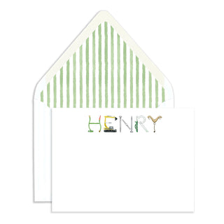 Personalized Construction Stationery by The Letter Nest in "Henry" name with envelope lined with watercolor green stripes