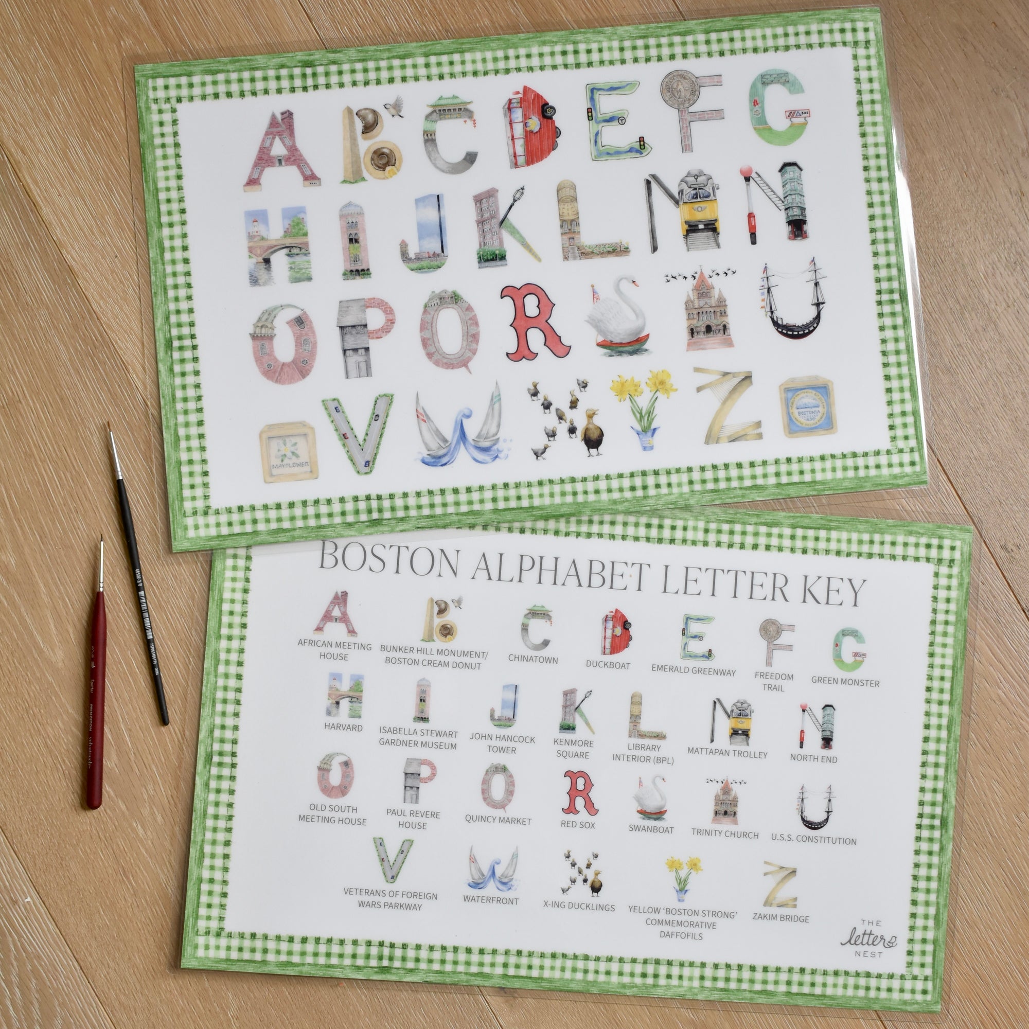 Boston Alphabet laminated Placemat  with green gingham border showing front and back sides