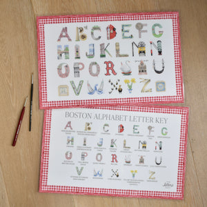 Boston Alphabet laminated Placemat  with red gingham border showing front and back sides