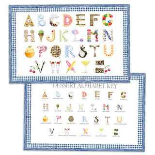 Dessert Alphabet Placemat with blue gingham border and letter key on the verso of the placemat