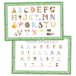 Dessert Alphabet Placemat with green gingham border and letter key on the verso of the placemat