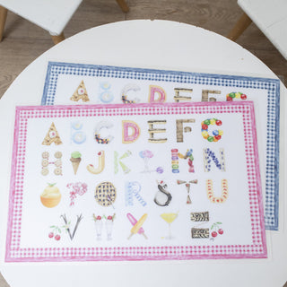 Dessert Alphabet Placemat shown with blue and pink gingham border 