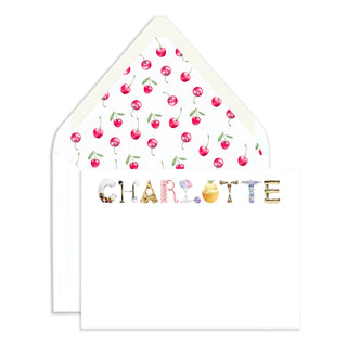 Personalized Dessert Stationery by The Letter Nest in the name "Charlotte" with  watercolor cherry patterned envelope liner