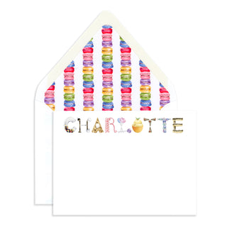 Personalized Dessert Stationery by The Letter Nest in the name "Charlotte" with watercolor macaron envelope liner