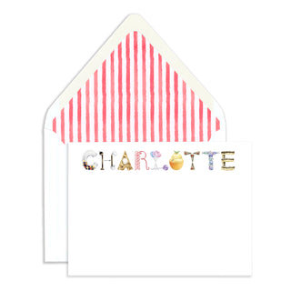 Personalized Dessert Stationery by The Letter Nest in the name "Charlotte" with red watercolor stripe envelope liner