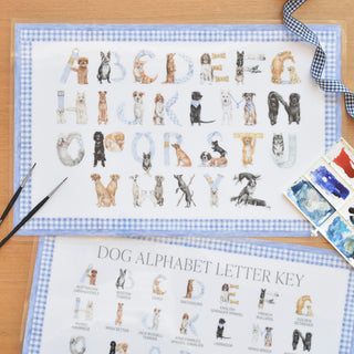 The Letter Nest's Dog Alphabet Placemat styled with the front and back showing