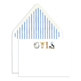 Dog Personalized Stationery in name "Otis" with matching liner with blue watercolor stripes by The Letter Nest