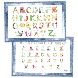 Fruit and Vegetable Alphabet Placemat with blue gingham border and letter key on the verso of the placemat