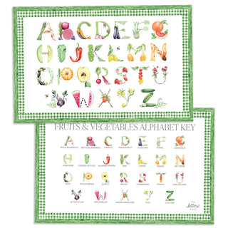 Fruit and Vegetable Alphabet Placemat with green gingham border and letter key on the verso of the placemat