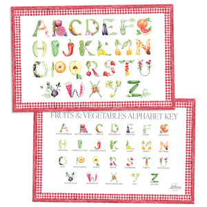 Fruit and Vegetable Alphabet Placemat with red gingham border and letter key on the verso of the placemat