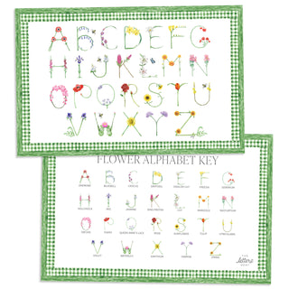 Flower Alphabet Placemat with green gingham border and letter key on the verso of the placemat