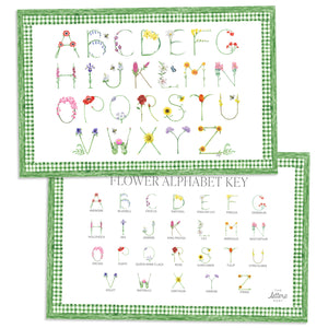 Flower Alphabet Placemat with green gingham border and letter key on the verso of the placemat