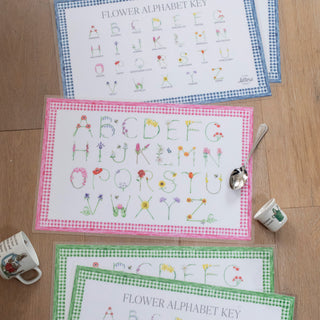 Flower Alphabet Placemats shown with blue, pink, and green gingham borders