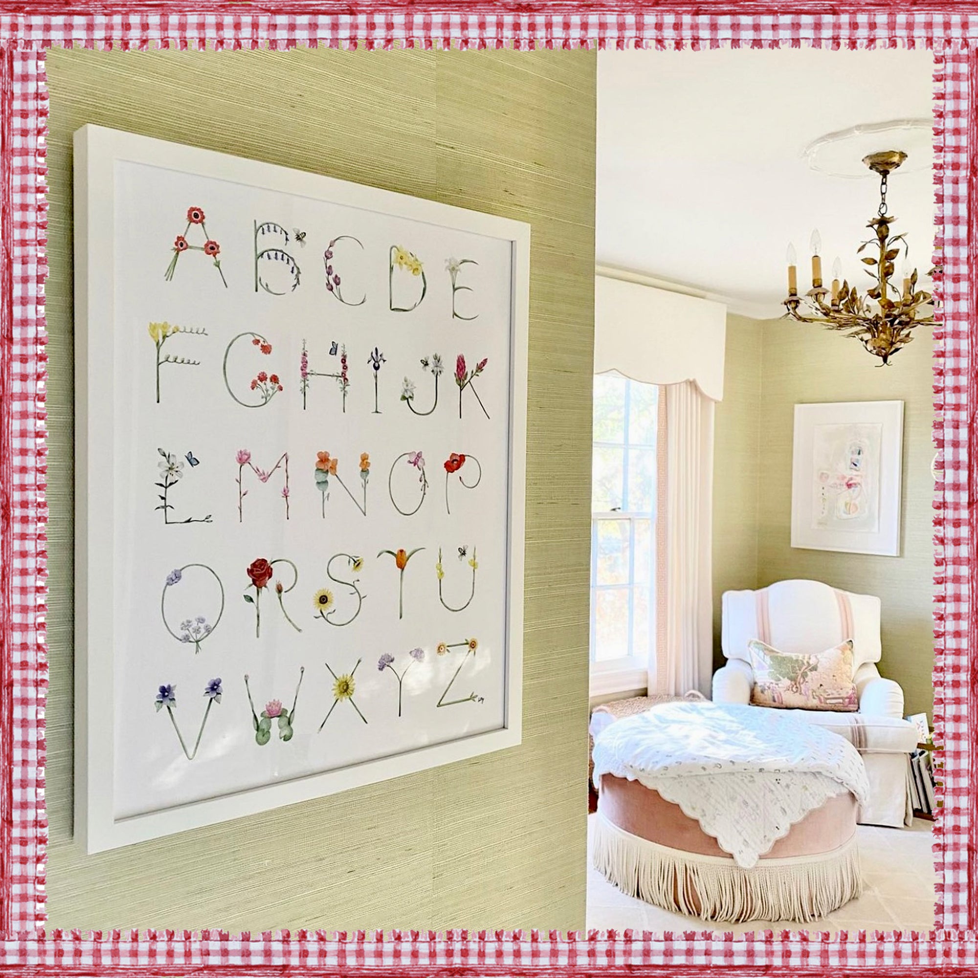 Flower Alphabet White Frame by The Letter Nest installed in a beautiful nursery with green grasscloth wallcovering