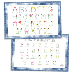 Flower Alphabet Placemat with blue gingham border and letter key on the verso of the placemat